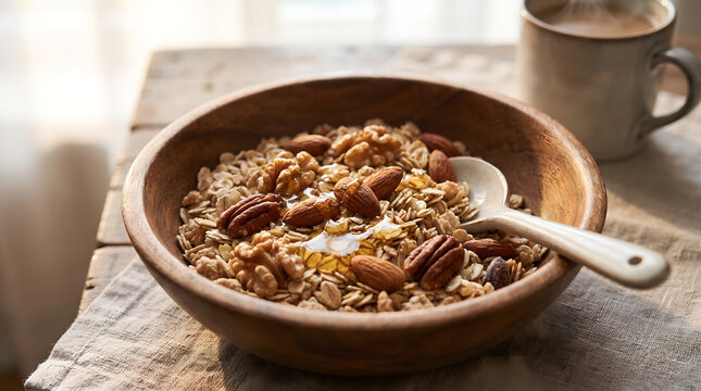 A rustic wooden bowl holds homemade granola topped with mixed nuts and drizzled honey, paired with a hot beverage for a cozy breakfast.