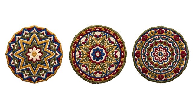 Three detailed embroidered mandalas arranged in a horizontal row on white background