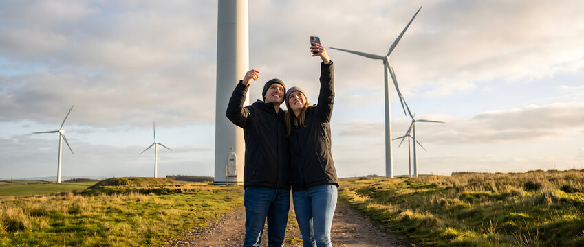 A smiling adult couple takes a selfie outdoors at a wind farm with multiple turbines in the grassy landscape.