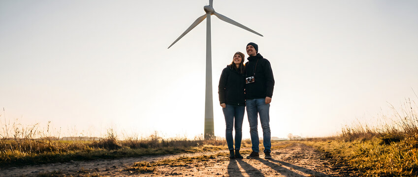 Two adults stand together on a rural dirt path beside a large wind turbine in an open grassy field during dusk, under warm sunlight.
