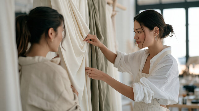 Bridal event professional examining fabric draping on a ceremony arch alongside a decorator at a venue, testing different pleat styles with sample ivory and sage cloth panels to