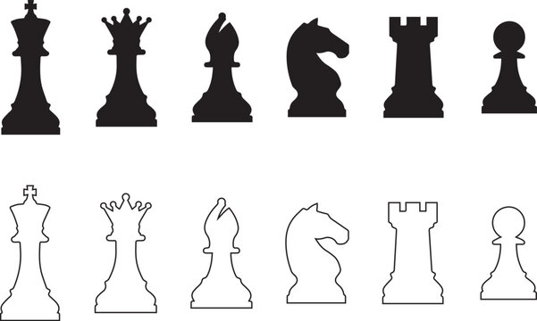 Chess icon set, modern flat and outline style icons representing chess pieces and board strategy, minimal design