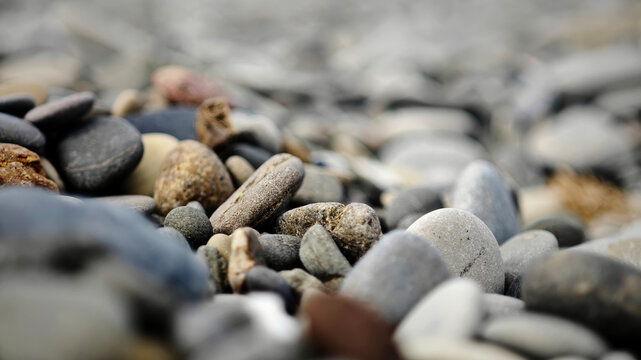 A close-up view of various smooth pebbles on a beach. The stones vary in size and color, creating a natural and textured surface.