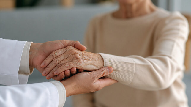 Close up of a doctor's hands performing a wrist rigidity test on an elderly female patient during a Parkinson neurological examination, clinical diagnosis, motor assessment,