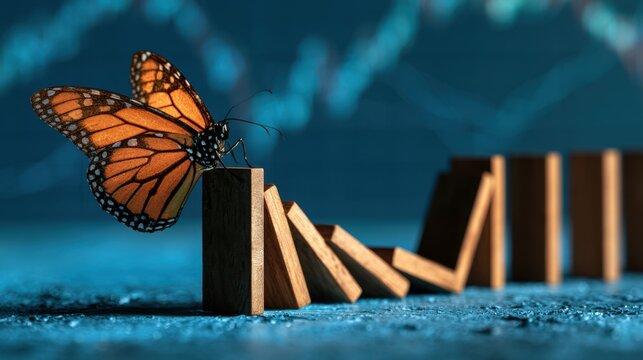 Monarch butterfly perched on wooden block stopping falling domino effect on textured surface with blue background