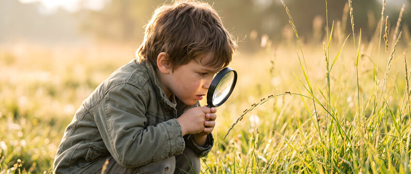 A young caucasian boy crouches in a grassy field, using a magnifying glass to observe plants with focused curiosity during daytime.