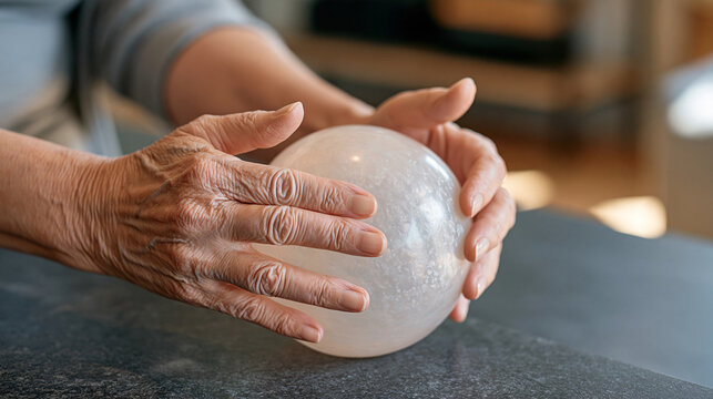Macro image of senior hands with prominent blue veins rhythmically squeezing and releasing a translucent silicone therapy orb during morning rehabilitation, repetitive motion
