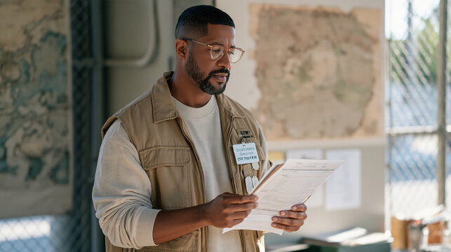 A nonprofit army intake volunteer walks through a homeless shelter checklist beside a faded base map on the wall, a customer greeter badge pinned to a vest, outdoor nature visible