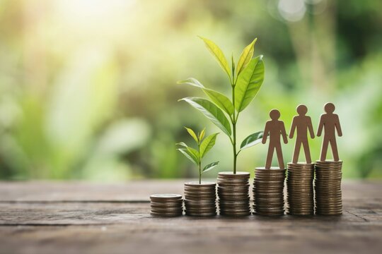 Small plants growing on stacks of coins with wooden human figures