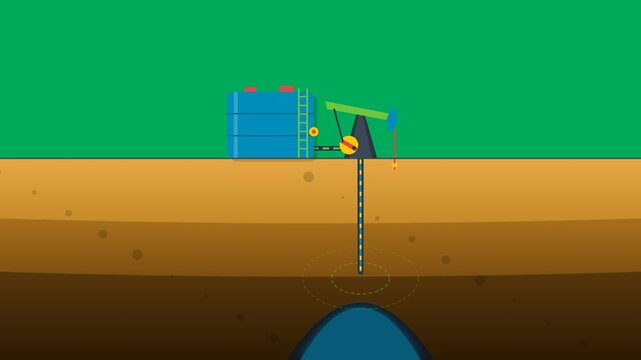 petroleum oil pumpjack rig extracting underground crude fuel into storage tank with subterranean soil cross section in 2d flat vector animation on green screen