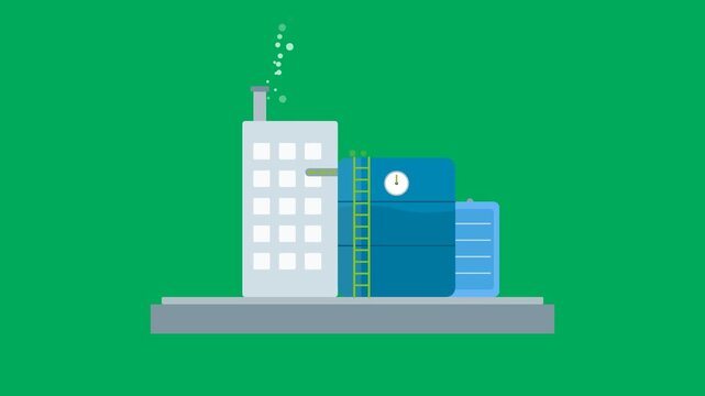 Petroleum refinery plant with crude oil storage tanks emitting rising smoke loop from chimney on green screen background in minimalist 2D flat animation style