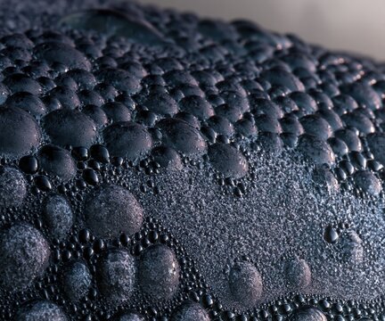 Condensation on cold glass with tiny droplets and a frosted bloom, featuring a dark purple and slate blue palette for a crisp background