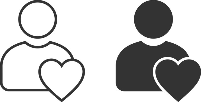 User profile with heart icon representing social media like or favorite personal contact user feedback personal love user rating like button