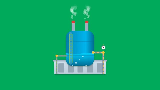 Petroleum refinery storage tank processing liquid with bubbling motion and chimney smoke emissions in a seamless 2D vector animation on green screen background