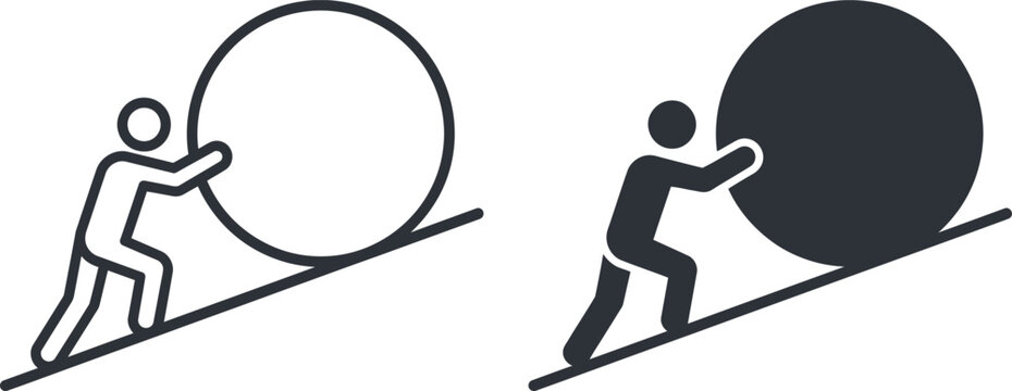 Person pushing large ball uphill icon set representing struggle and perseverance with struggle perseverance difficulty illustration business