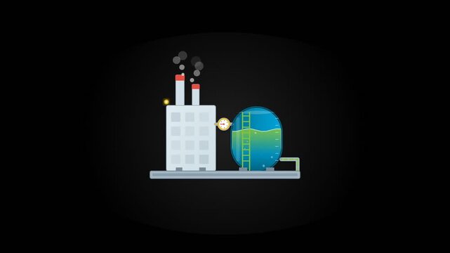 petroleum refinery industrial plant with smoking chimneys and chemical oil storage tank emitting smoke in seamless 2d vector flat animation on black background