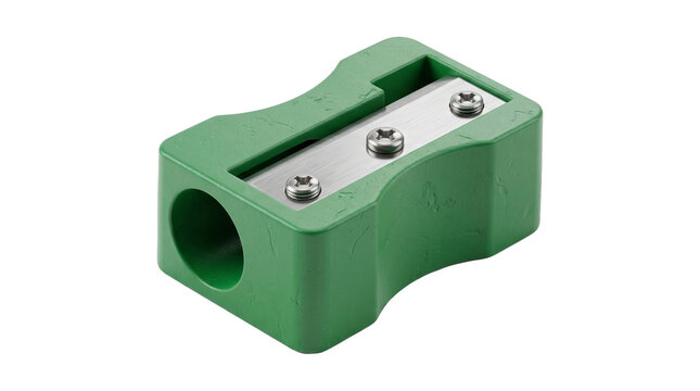 Green plastic manual pencil sharpener with dual steel blades for office stationery and school supply.