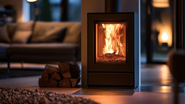 Modern black metal free standing wood stove with glass door burning bright fire in cozy living room interior with soft lighting and warm ambiance