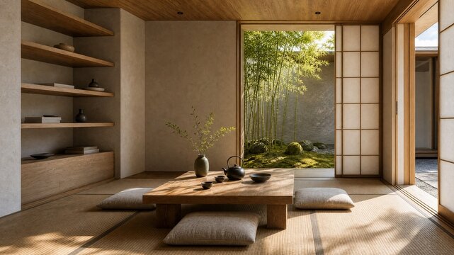 Japandi style luxury modern tatami room and tearoom interior with low wooden table, zafu cushions, and bamboo zen garden view