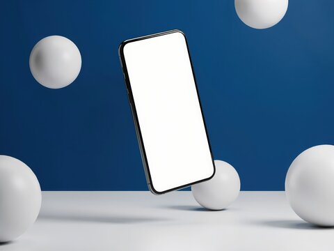 Floating smartphone mockup with white spheres on blue background