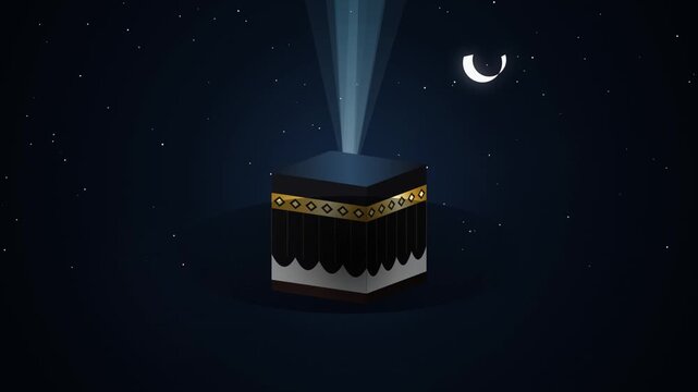 Animated Holy Kaaba Building Under Starry Night Sky With Crescent Moon And Light Beam