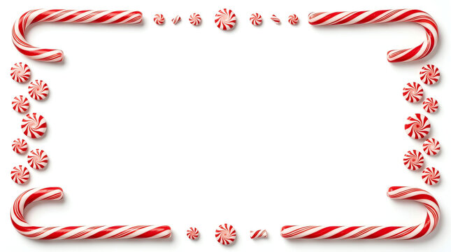 Christmas holiday frame made of candy canes and peppermint candies on a white background with copy space