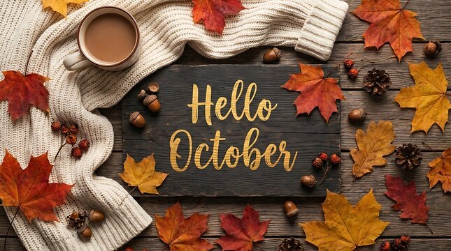 Hello october autumn greeting with coffee and leaves