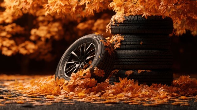 Close-up of black car tire leaning against stacked tires surrounded by vibrant orange autumn leaves on ground and trees