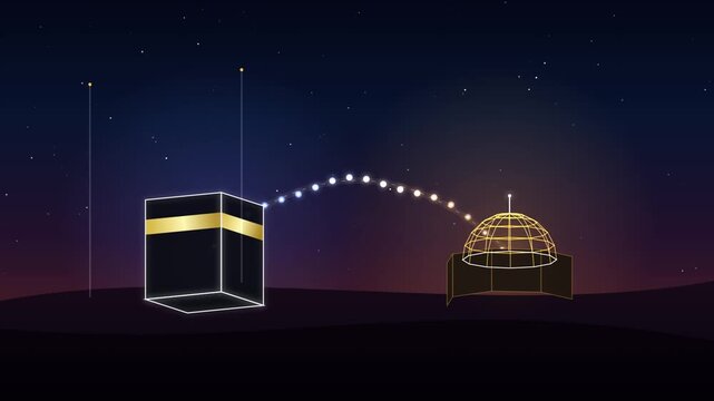Kaaba and Dome of the Rock 3D Motion Graphics with Glowing Particles Against Night Sky Design