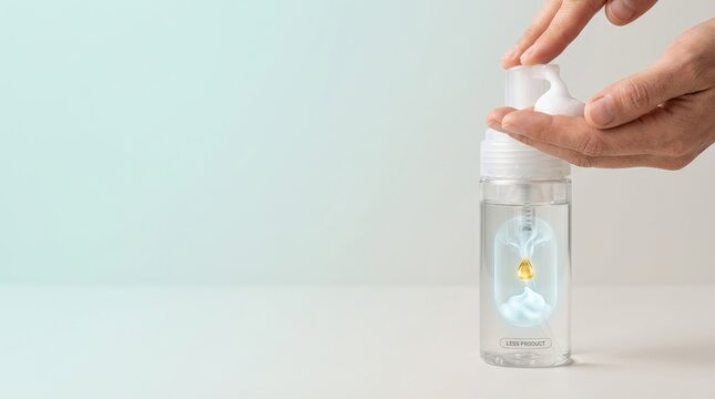 Person's hand holding a refillable foaming soap dispenser for resource-efficient handwashing and personal care practices