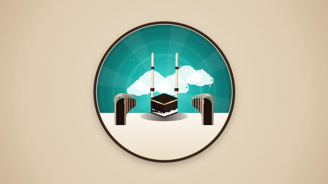 Kaaba Mecca Pilgrimage Motion Graphic Animation Circular Badge for Islamic Holiday Celebration