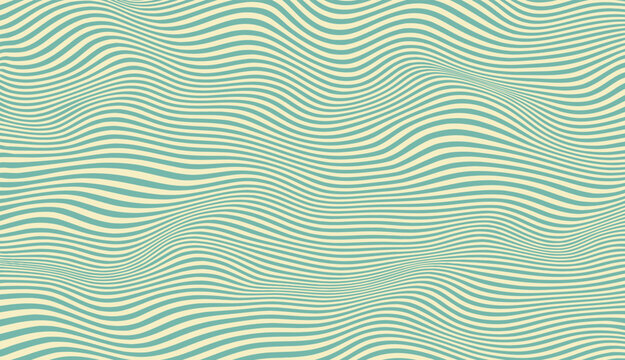 Vector retro striped wavy lines background. Blue and cream flowing pattern design.