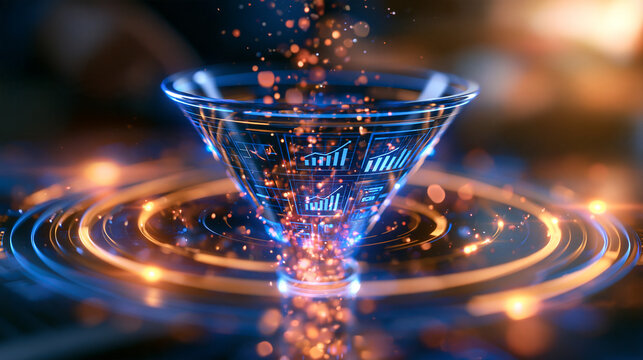 Glowing blue funnel on a bright clean background processing scattered data points into a single organized chart, data analytics and business intelligence concept