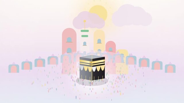 Minimalist Kaaba Illustration with Soft Pastel Architecture for Islamic Religious Celebration