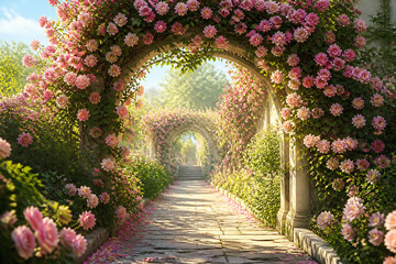 Fototapeta premium A sunlit, stone archway covered in vibrant pink roses leads down a garden path into a floral tunnel.