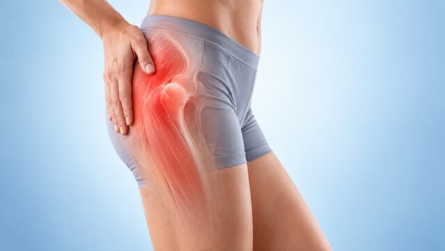 Hip pain shown in premium minimal medical CGI with localized lateral joint discomfort and restrained tissue emphasis extending into the upper thigh on a clean pale blue background.