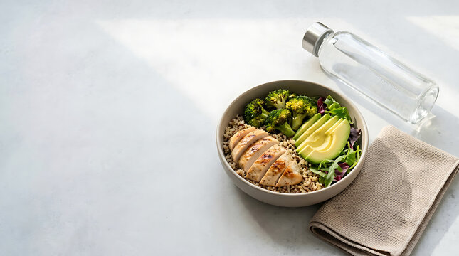 Healthy chicken and avocado fitness bowl with water bottle on a bright table