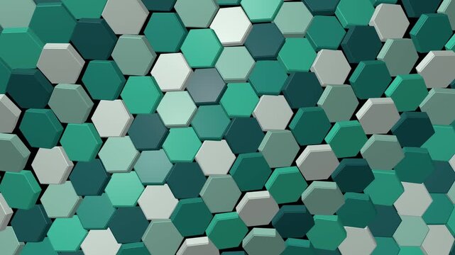 Teal and Pearl Hexagonal Tiles Rising in a Traveling Wave