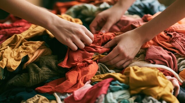 Close-up of hands sorting through colorful textile fabric in a pile for crafting or sewing project preparation at home