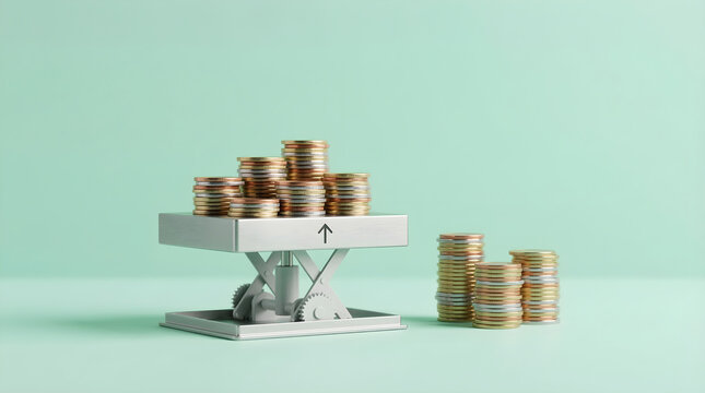 Coins on miniature scissor lift representing rising financial growth and inflation on green background
