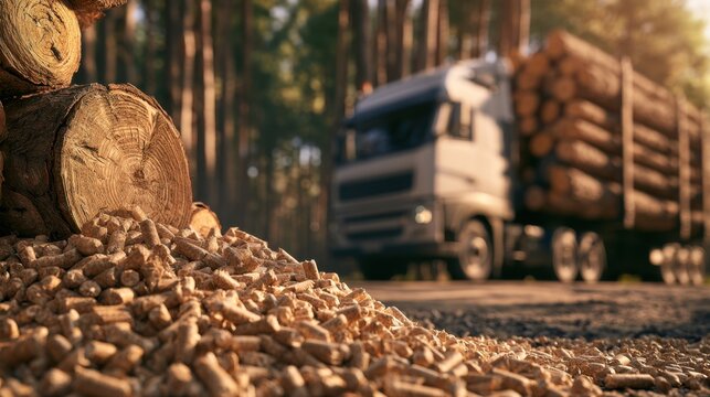 Close-up of wooden pellet pile with timber log and blurred industrial truck carrying logs on forest road in warm sunlight
