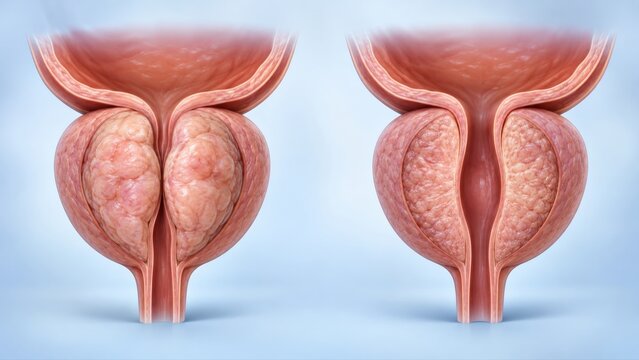 Benign prostatic hyperplasia shown before and after treatment in premium clinical CGI with urethral compression versus improved urinary channel on pale blue urology background.