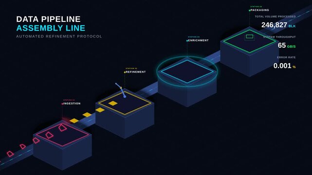 Automated data pipeline assembly line processing digital information flow, for big data analytics, cloud computing infrastructure, software engineering, database management systems.