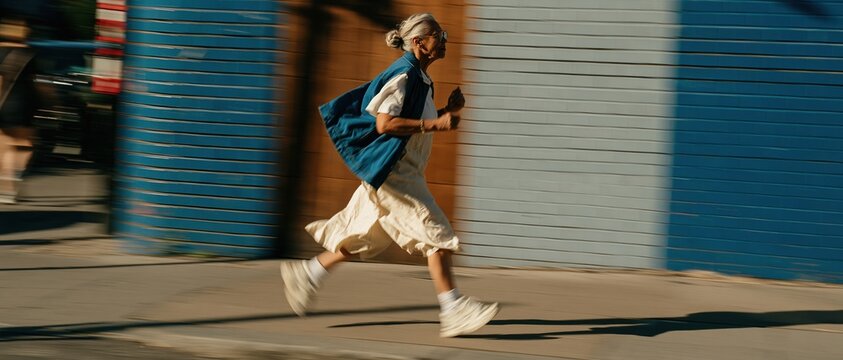 Older persons in motion, a blurred Black woman walking briskly past a colorful brick wall with generous copy space for active ageing themes