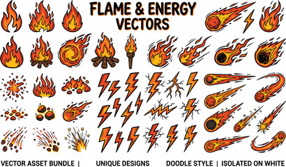 Flame Fire and Energy Lightning Bolts Vector Asset Bundle © Mst