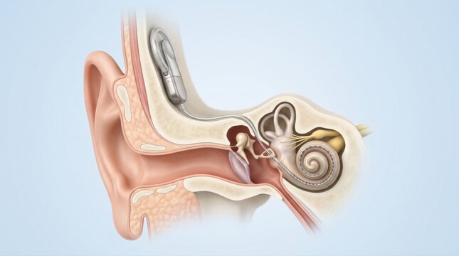 Cochlear implant shown with internal receiver and electrode array entering the cochlea in premium clinical CGI on a clean pale blue background for hearing education.