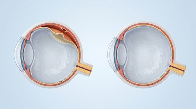 Retinal detachment shown before and after surgical repair in premium clinical CGI with separated versus reattached retina on pale blue ophthalmology education background.