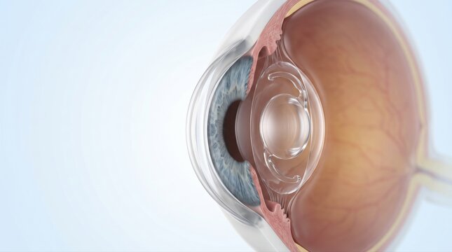 Intraocular lens shown implanted inside the eye after cataract surgery in premium clinical CGI on clean pale blue background for clear ophthalmology education.