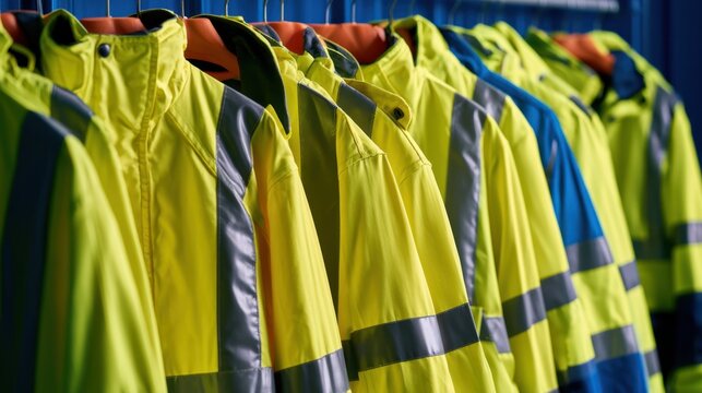 Row of high visibility safety jackets hanging on a rack with fluorescent yellow color and reflective stripes for construction or industrial use