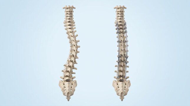 Scoliosis shown before and after spinal correction in premium clinical CGI with curved versus improved vertebral alignment on a clean pale blue orthopedic education background.